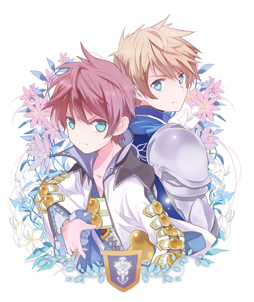 armor, asbel_lhant, blonde_hair, blue_eyes, brown_hair, coat, crossover, flower