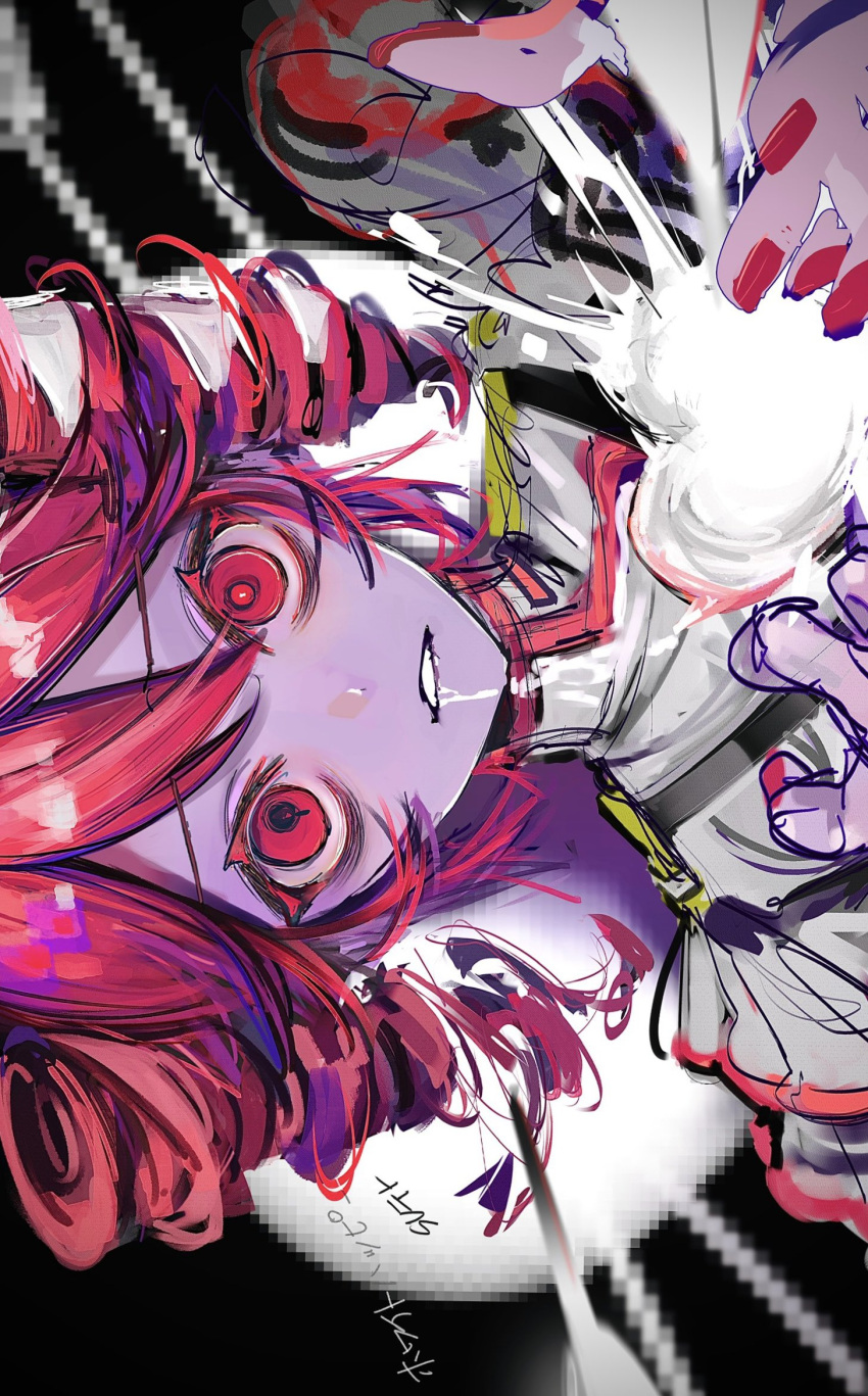1girl, bad_id, bad_twitter_id, black_background, blood, blood_from_mouth, drill_hair, grey_jacket