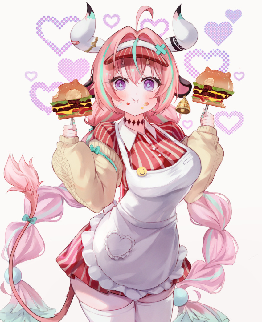 1girl, absurdres, ahoge, alternate_costume, animal_ears, apron, aqua_hair, badge