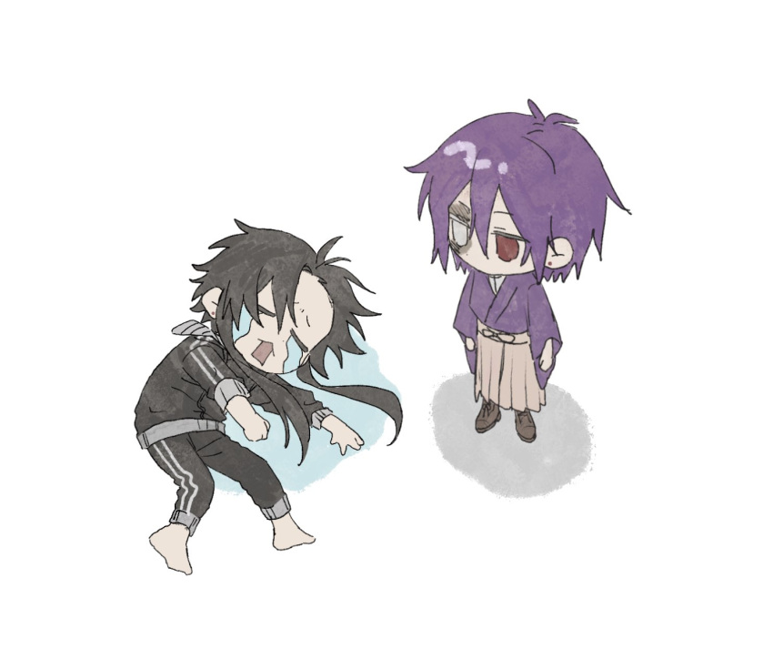 2boys, black_hair, crying, heterochromia, highres, hyakutennniki, karasuma_ranmaru, lying, multiple_boys, principal_(youkai_gakkou_no_sensei_hajimemashita!), purple_hair, standing, white_background, youkai_gakkou_no_sensei_hajimemashita!