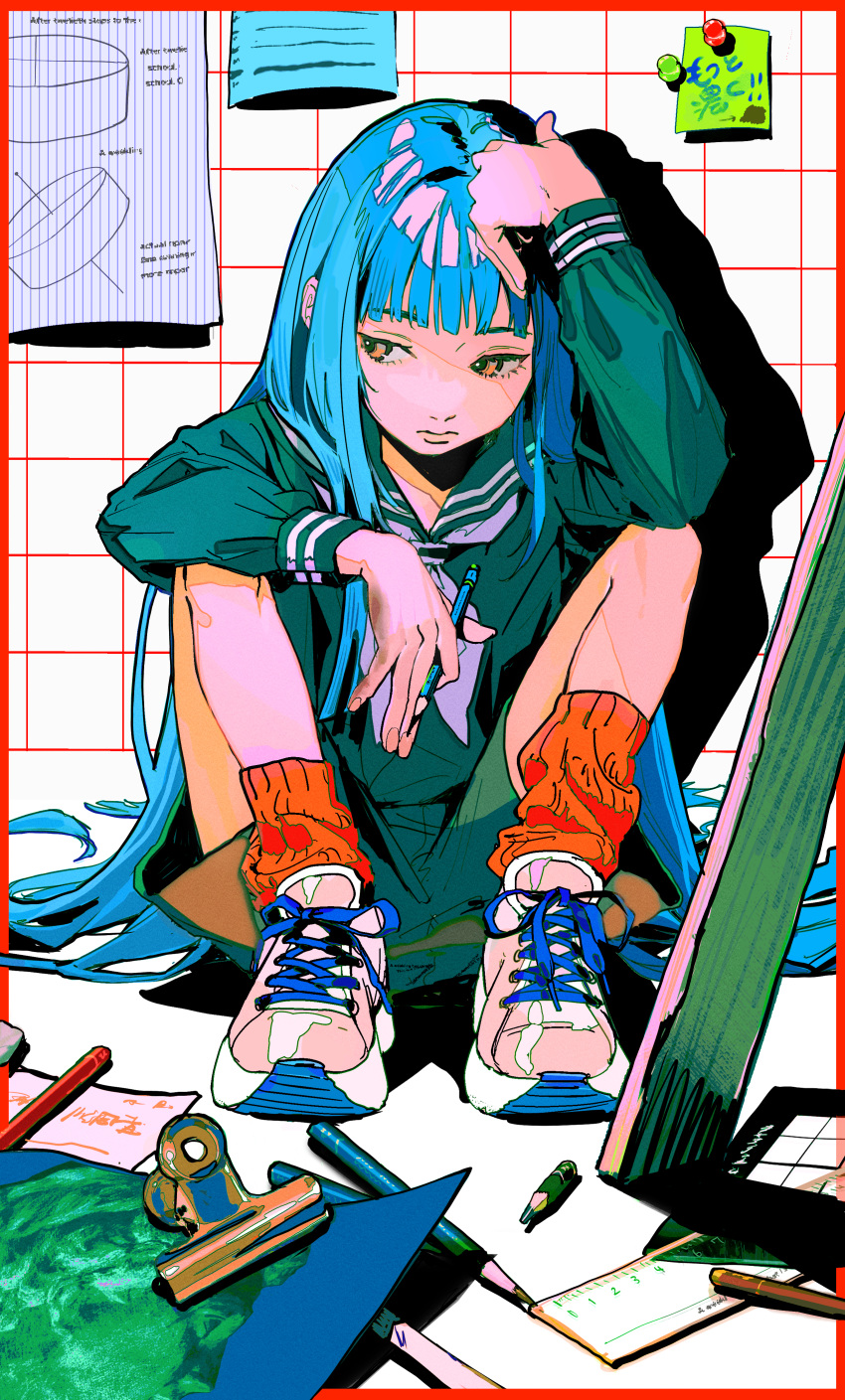 1girl, absurdres, blue_hair, bulldog_clip, colored_pencil, diagram, elbow_rest, frown
