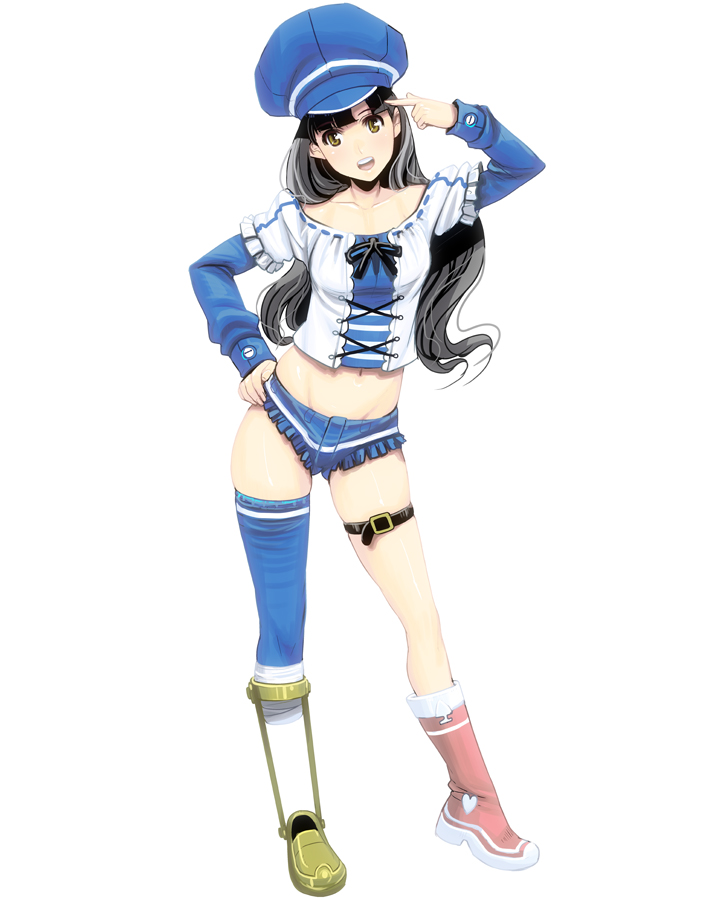 alternate_costume, amputee, bad_id, black_hair, boots, cabbie_hat, girl_with_golden_shoe, hand_on_hip