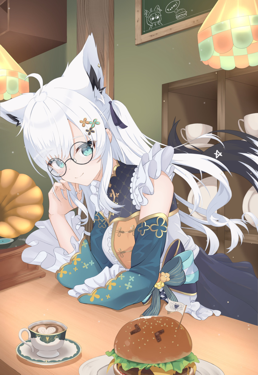 1girl, absurdres, ahoge, animal_ear_fluff, animal_ears, braid, burger, commentary_request