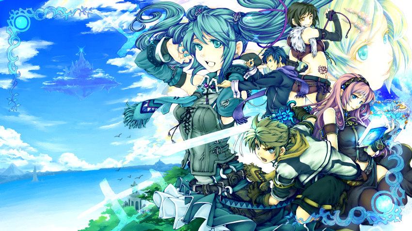 aqua_hair, blonde_hair, blue_eyes, blue_hair, book, brown_eyes, brown_hair, cloud