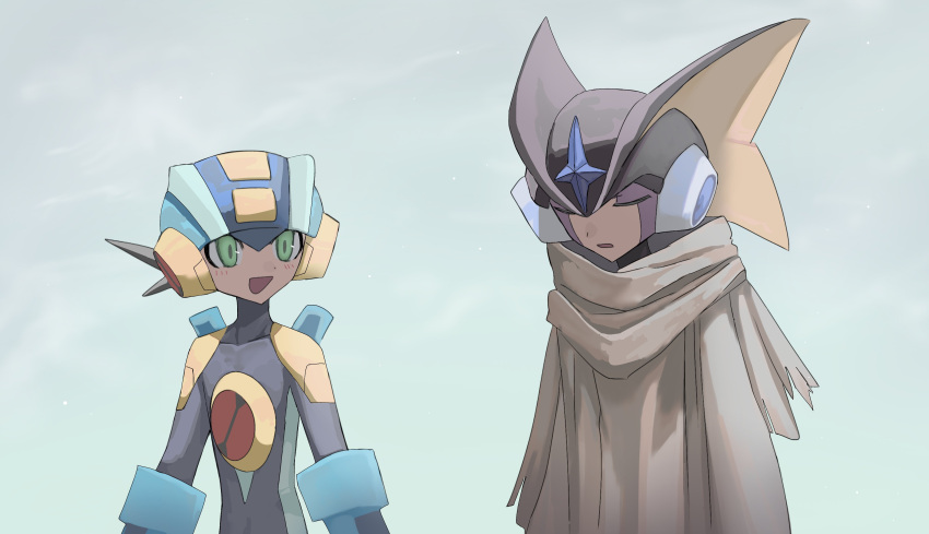 2boys, absurdres, bass.exe_(mega_man), black_helmet, blue_bodysuit, blue_helmet, bodysuit, brown_cloak, cloak, closed_eyes, cowboy_shot, dcefffff, fins, forehead_jewel, green_eyes, grey_background, head_fins, helmet, highres, male_focus, mega_man_(series), mega_man_battle_network_(series), megaman.exe, multiple_boys, simple_background, smile