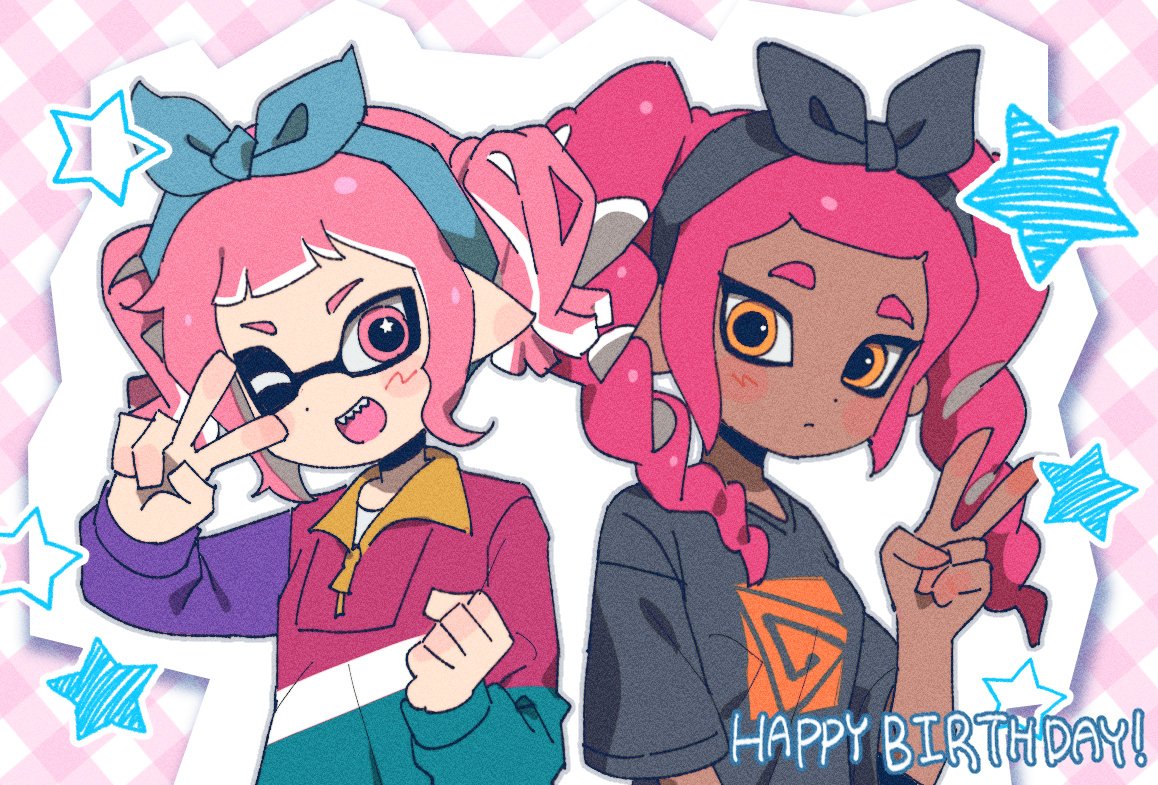 2girls, aqua_jacket, blue_hairband, blue_ribbon, blue_shirt, bow_hairband, clenched_hand, dark-skinned_female, dark_skin, dot_nose, drill_hair, film_grain, hair_ribbon, hairband, hand_up, happy_birthday, hg_swdiary, inkling, inkling_girl, inkling_player_character, jacket, long_hair, long_sleeves, multicolored_jacket, multiple_girls, octoling, octoling_girl, octoling_player_character, one_eye_closed, open_mouth, orange_eyes, outline, pink_background, pink_eyes, pink_hair, pink_jacket, plaid_background, pointy_ears, purple_jacket, ribbon, sharp_teeth, shirt, short_hair, short_sleeves, short_twintails, sidelocks, smile, splatoon_(series), star_(symbol), star_in_eye, symbol_in_eye, t-shirt, teeth, tentacle_hair, twin_drills, twintails, upper_body, v, v_over_eye, white_jacket, white_outline