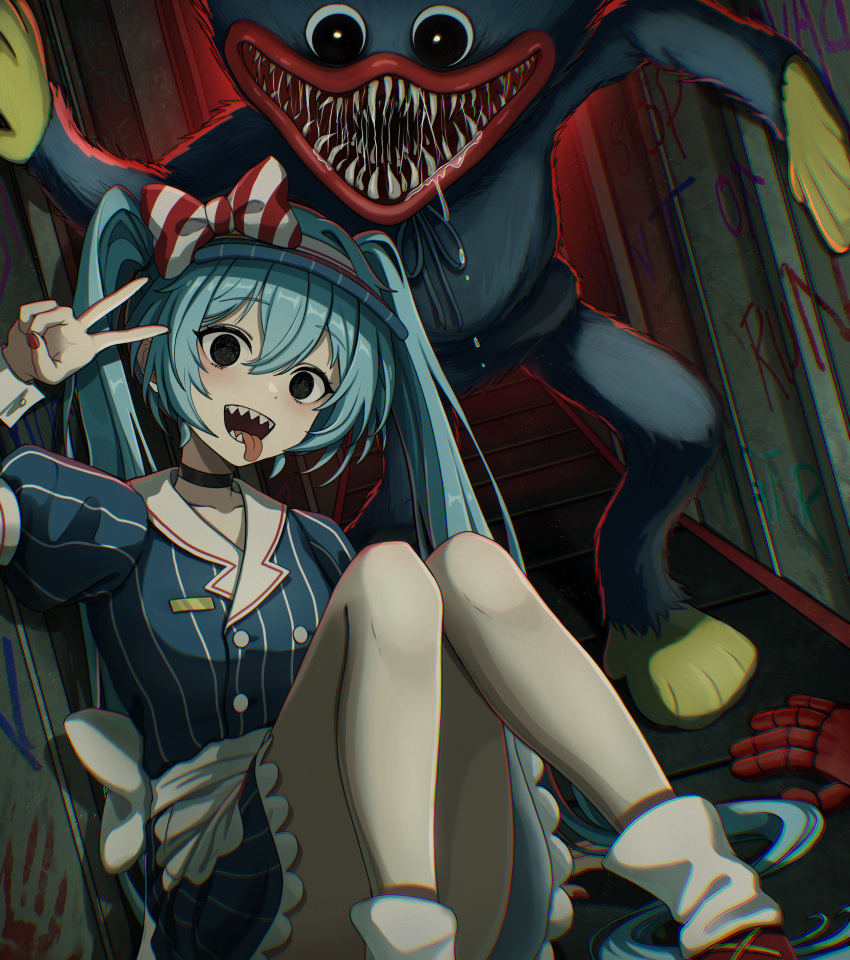 1girl, absurdres, aqua_hair, black_choker, black_eyes, blue_dress, choker, dilated_pupils