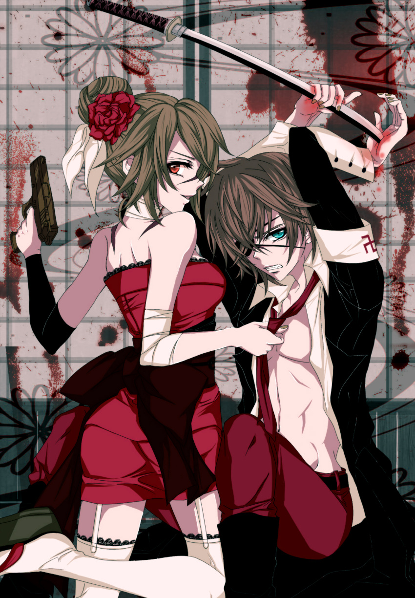 blood, bound_wrists, eyepatch, flower, garter_belt, gun, hair_flower, hair_ornament, highres, kagamine_len, kagamine_rin, karakuri_burst_(vocaloid), karakuri_manji_burst_(vocaloid), katana, nazi, necktie, open_clothes, red_eyes, sakai_hachisu, scar, short_hair, siblings, smile, svastika, swastika, sword, thigh-highs, thighhighs, twins, vocaloid, weapon, zettai_ryouiki
