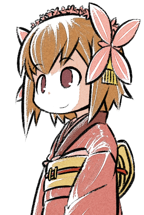 1.0-tan, 1girl, bob_cut, brown_hair, flower, flower_on_head, japanese_clothes, kimono
