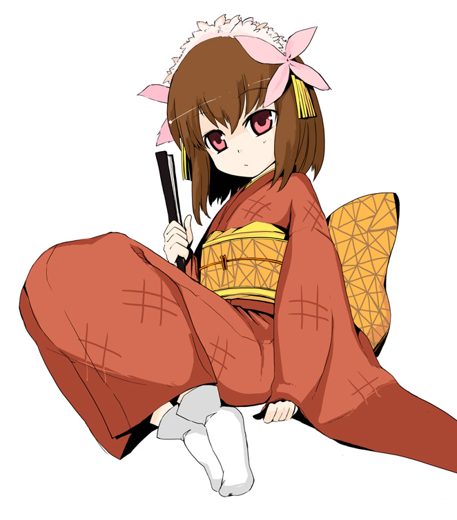 1.0-tan, 1girl, brown_hair, fan, folded_fan, hinsi, holding_fan, japanese_clothes