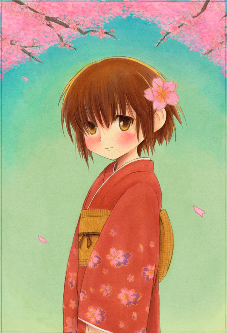 1.0-tan, 1girl, blush, bob_cut, brown_hair, cherry_blossoms, flower_on_head, japanese_clothes