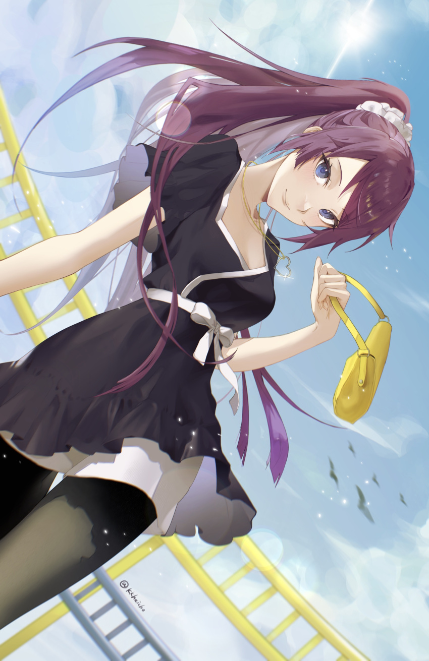 1girl, absurdres, bag, bakemonogatari, black_dress, black_pantyhose, blue_eyes, blue_sky