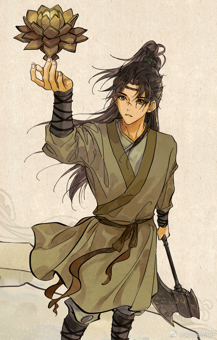 1boy, arm_up, axe, black_hair, boots, brown_eyes, chen_xiang_(new_gods:_yang_jian), chinese_clothes