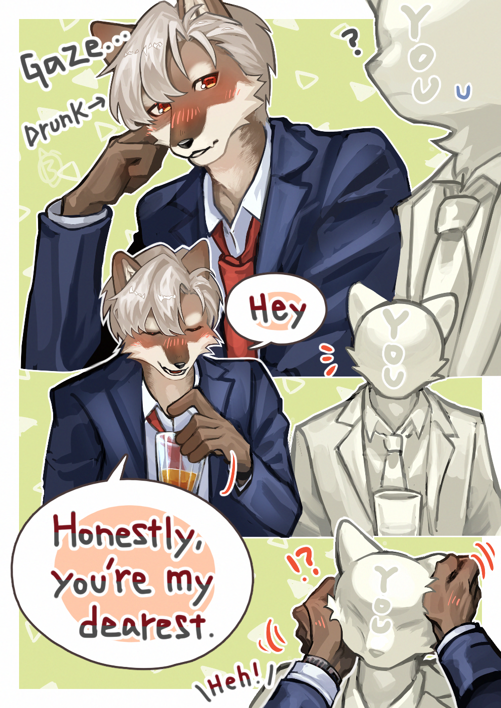1boy, 1other, alcohol, beer, black_suit, blonde_hair, blush, body_fur