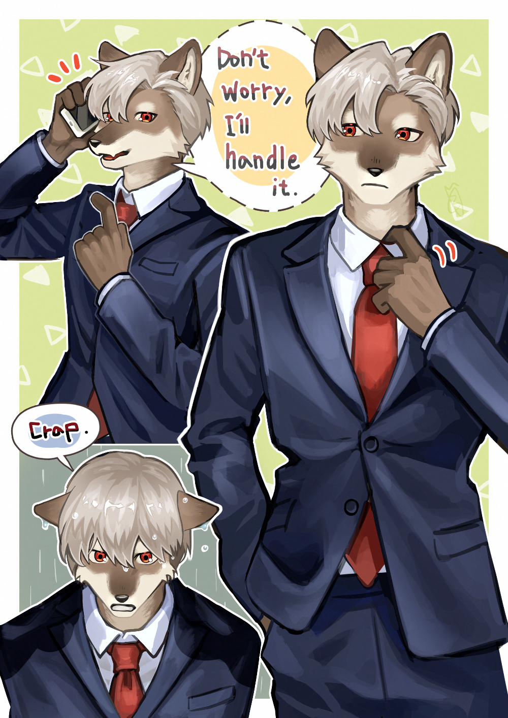 1boy, black_suit, blonde_hair, body_fur, bowchanrou_(b0tar0), brown_fur, cellphone, collar_tug