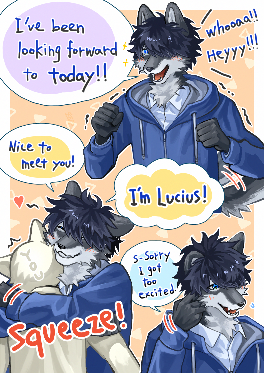 1boy, 1other, black_fur, blue_eyes, blue_hair, blue_hoodie, blush, body_fur