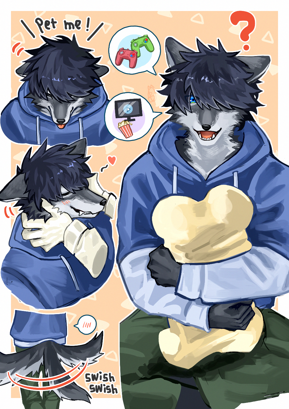 1boy, black_fur, blue_eyes, blue_hair, blue_hoodie, body_fur, bowchanrou_(b0tar0), disembodied_hand