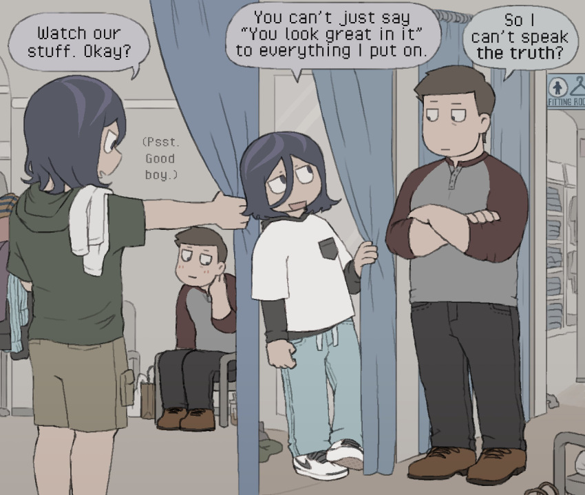 1boy, 1other, androgynous, angel_martinez, blush, brown_hair, clinical_trial_(game), crossed_arms, curtains, denim, highres, homunculus100, hood, hoodie, jeans, jitome, lee_smith, open_mouth, pants, shirt, shoes, shop, sitting, sneakers, speech_bubble, standing, toon_(style)
