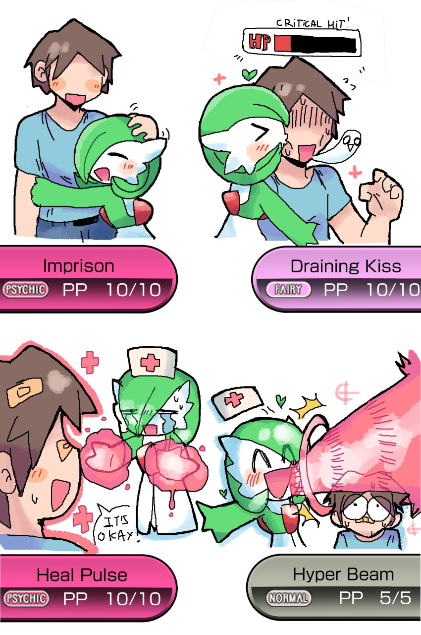1boy, 1girl, absurdres, blue_shirt, bob_cut, brown_hair, closed_eyes, colored_skin, draining_kiss_(pokemon), dress, faceless, faceless_male, gardevoir, green_hair, green_skin, hat, heal_pulse_(pokemon), health_bar, highres, hyper_beam_(pokemon), imprison_(pokemon), kiss, melfunnysmell, multicolored_skin, nurse_cap, open_mouth, pokemon, pokemon_(creature), shirt, smile, two-tone_skin, white_dress, white_skin
