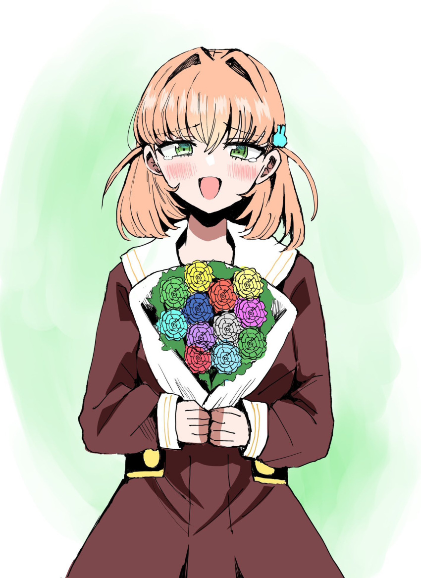 1girl, :d, blue_flower, blush, bouquet, breasts, brown_dress, commentary