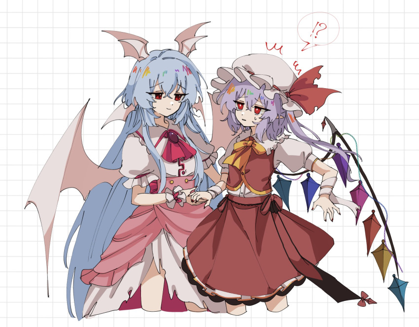 !?, 2girls, ascot, blue_hair, bow, bowtie, collared_shirt, commentary_request