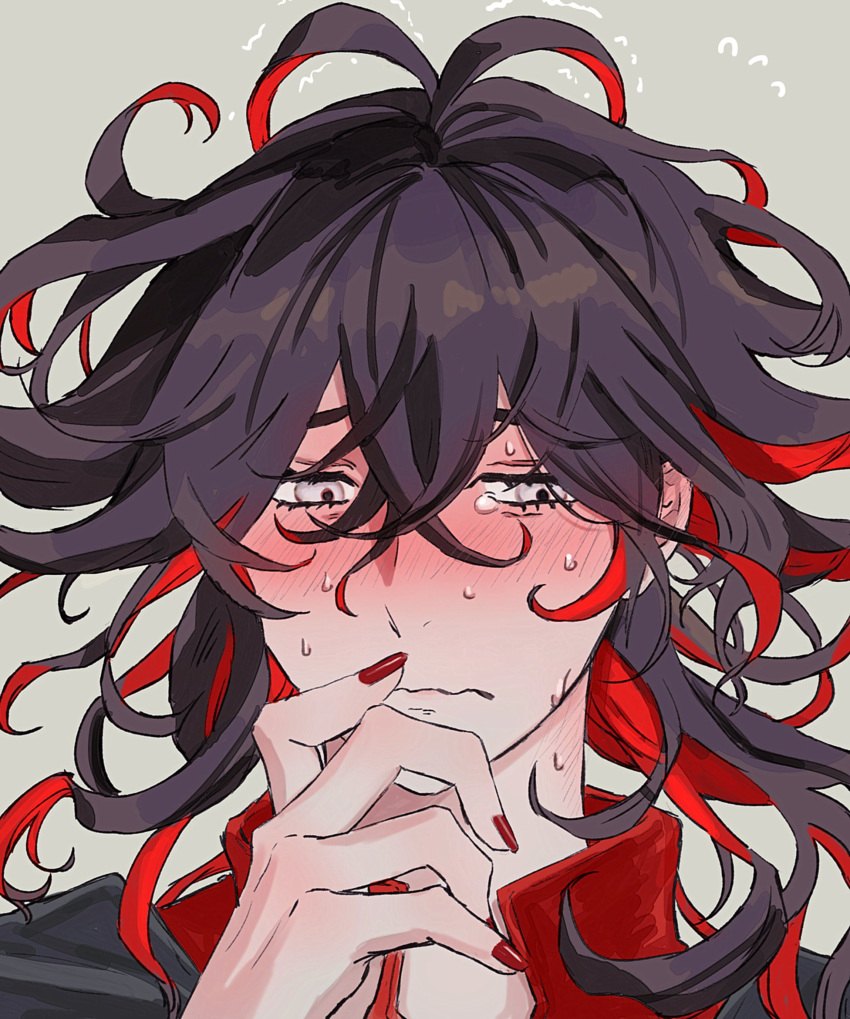 1boy, black_hair, blush, colored_inner_hair, curly_hair, dante_alighieri_(fate), dante_alighieri_(second_ascension)_(fate), fate/grand_order