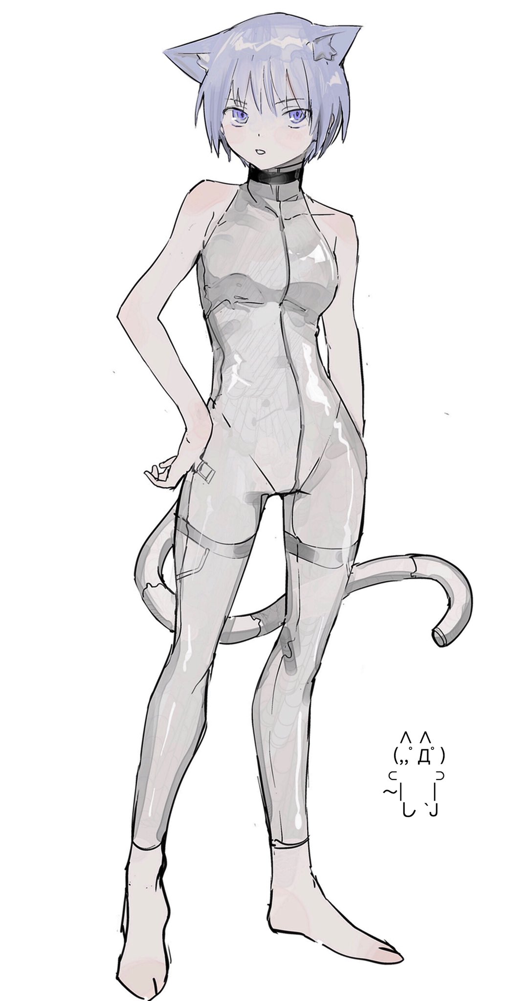 1girl, animal_ears, bad_id, bad_twitter_id, bare_shoulders, bodysuit, breasts, cat_ears, cat_girl, cat_tail, full_body, hand_on_own_hip, highres, inactive_account, kaomoji, looking_at_viewer, mechanical_tail, medium_breasts, original, purple_hair, short_hair, simple_background, solo, standing, suiso_(owp), tail, violet_eyes, white_background