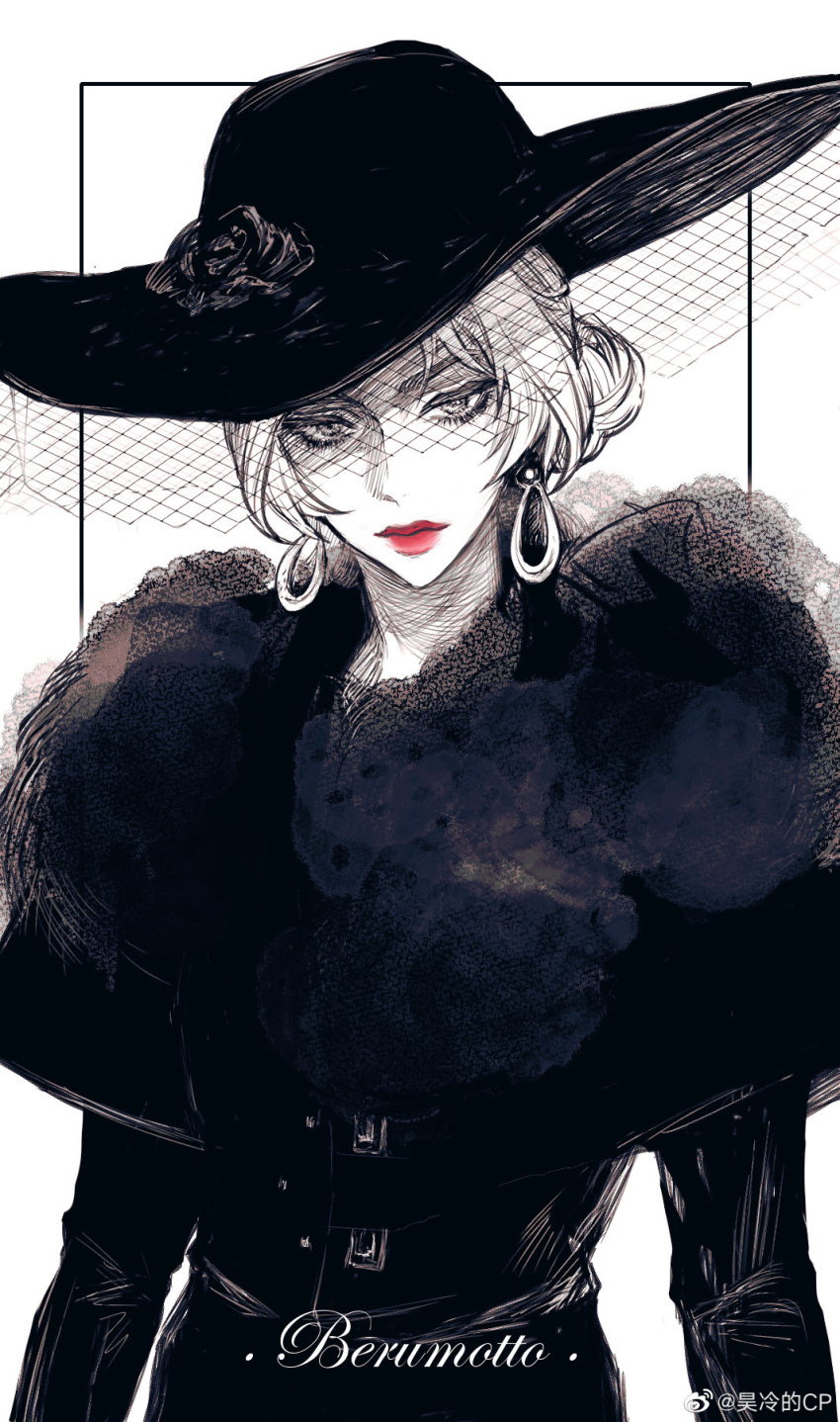 1girl, belt, black_dress, black_hat, character_name, chinese_commentary, closed_mouth, coat