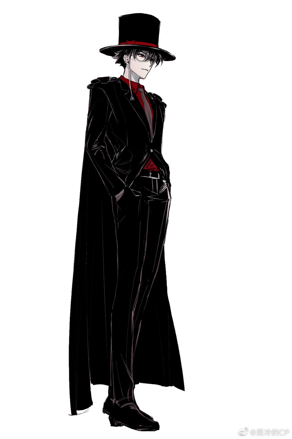 1boy, alternate_costume, belt, black_belt, black_cape, black_hair, black_hat, black_jacket