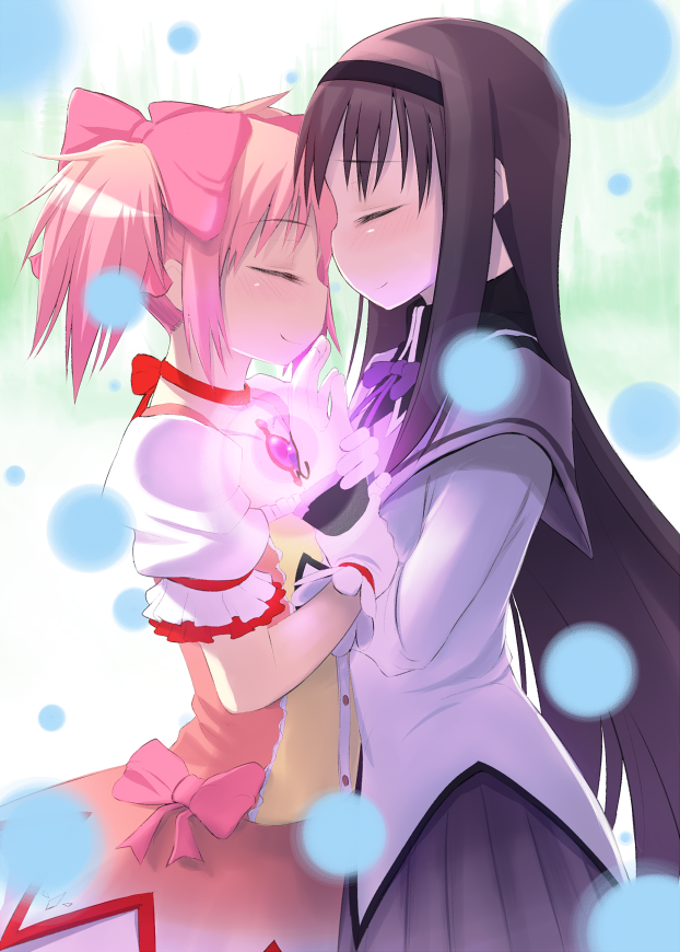 akemi_homura, black_hair, closed_eyes, eyes_closed, face-to-face, face_to_face, gloves, hairband