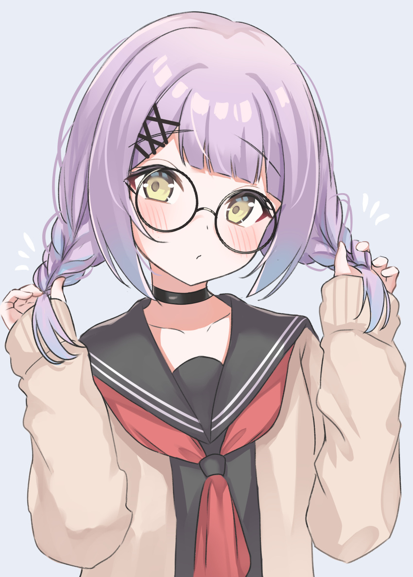 1girl, absurdres, adjusting_hair, alternate_costume, alternate_hairstyle, black_choker, black_serafuku, blunt_bangs