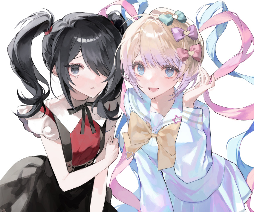 2girls, :d, ame-chan_(needy_girl_overdose), black_eyes, black_hair, black_skirt, blonde_hair, blue_bow