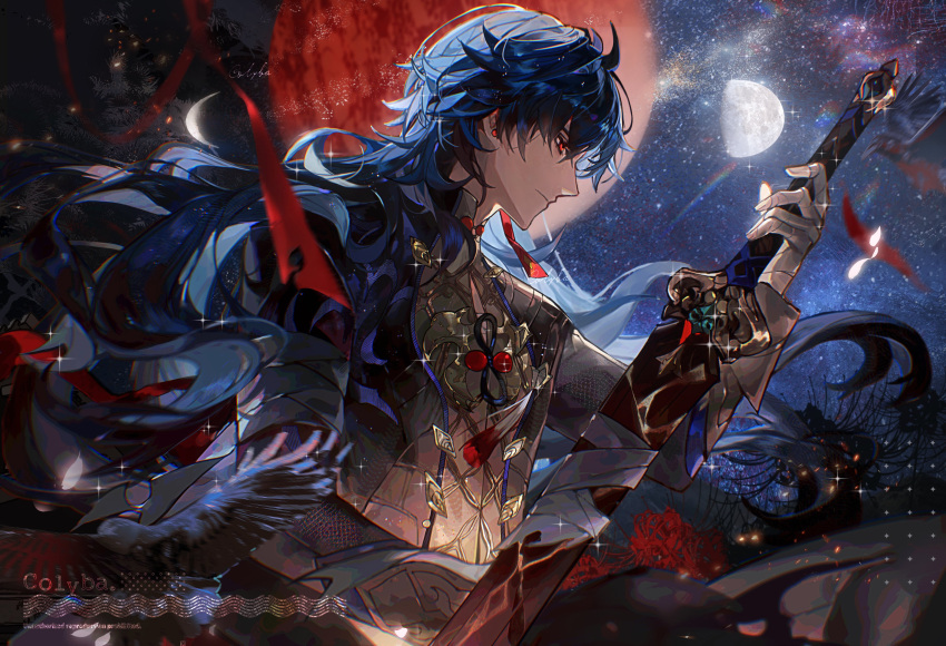 1boy, absurdres, artist_name, bandaged_chest, bandages, black_hair, black_jacket, blade_(honkai:_star_rail)
