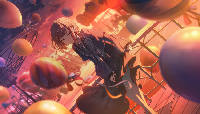 1girl, amusement_park, animal_print, backlighting, balloon, black_skirt, blurry, blurry_background, bob_cut, braid, brooch, brown_eyes, brown_hair, butterfly_brooch, butterfly_print, buttoned_cuffs, buttons, carousel, closed_mouth, clouds, cloudy_sky, collared_shirt, colorful_palette, cropped_jacket, crossed_ankles, dark_clouds, depth_of_field, dot_nose, dutch_angle, earrings, evening, facial_hair, facing_viewer, feet_out_of_frame, gem, grey_jacket, grey_necktie, grey_shirt, hair_behind_ear, half-closed_eyes, hand_on_own_leg, hand_rest, happy, highres, jacket, jewelry, juliet_sleeves, lace-trimmed_sleeves, lace_trim, long_skirt, long_sleeves, looking_down, necktie, official_alternate_costume, official_art, on_railing, outdoors, pleated_skirt, project_sekai, puffy_sleeves, railing, red_clouds, red_gemstone, red_sky, roller_coaster, shinonome_ena, shirt, short_hair, side_braid, single_braid, sitting, skirt, sky, smile, solo, standing, sunlight, sunset, swept_bangs, third-party_source, too_many, too_many_balloons, unreliable_notes_(project_sekai)