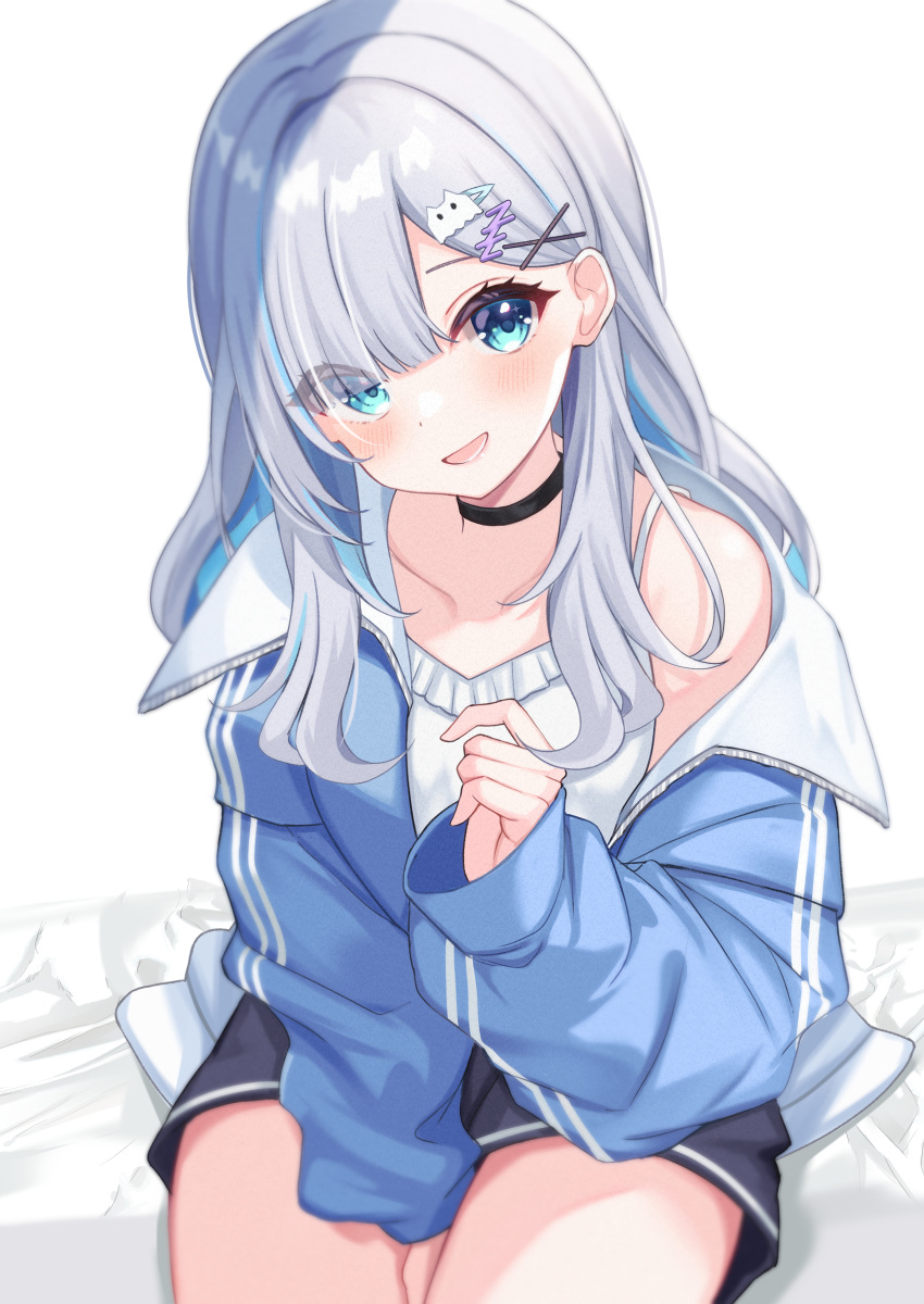 1girl, absurdres, between_legs, black_choker, black_shorts, blue_eyes, blue_jacket, camisole