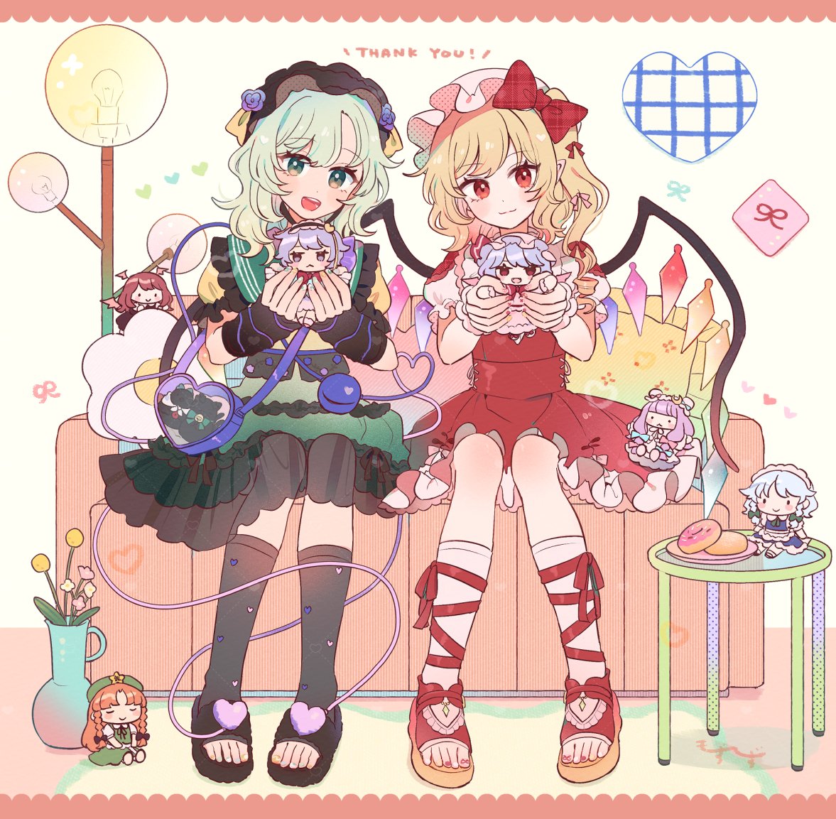 2girls, :d, adapted_costume, bag, black_bonnet, black_sandals, black_skirt, black_socks