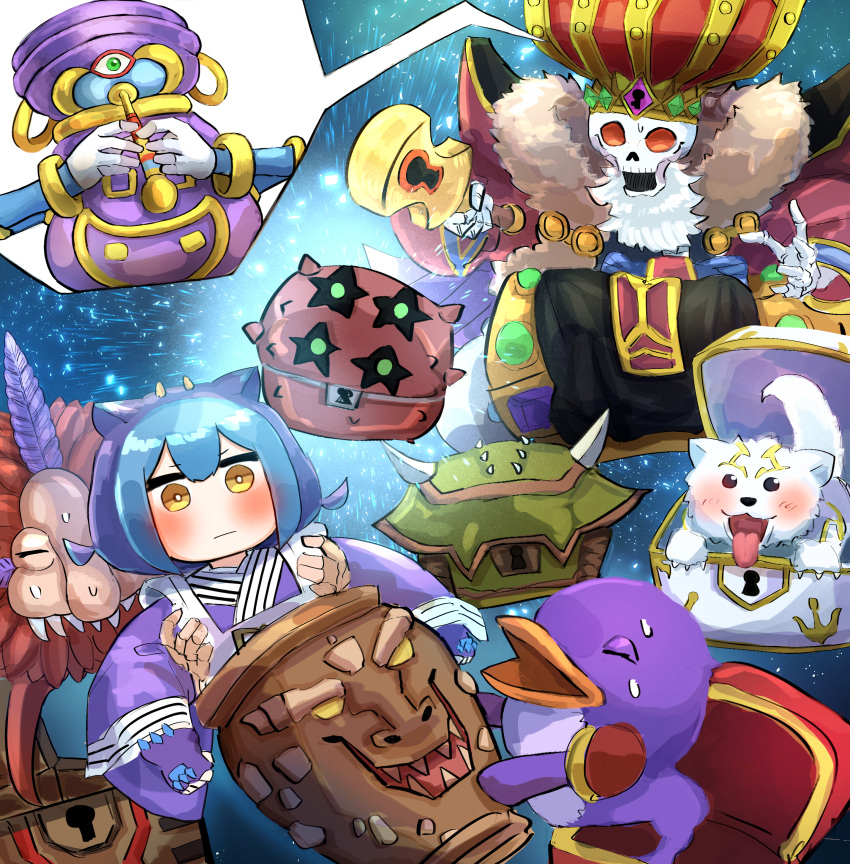 2boys, 4-starred_ladybug_of_doom, absurdres, bird, blue_hair, commentary, commission, dog