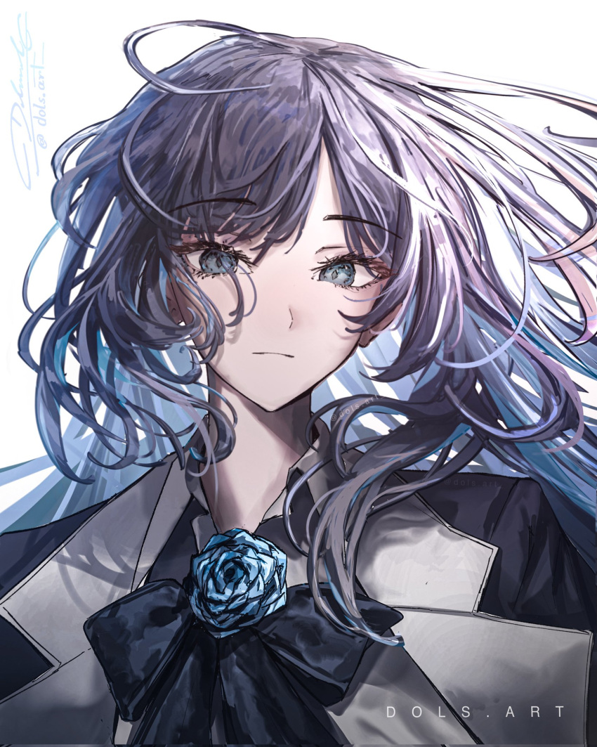 1girl, ado_(utaite), black_bow, black_bowtie, black_hair, blue_eyes, blue_flower, blue_hair