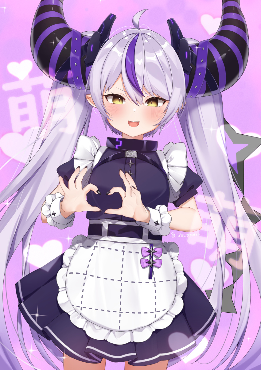 1girl, 4-finger_heart_hands, absurdres, ahoge, alternate_costume, apron, black_dress, blush