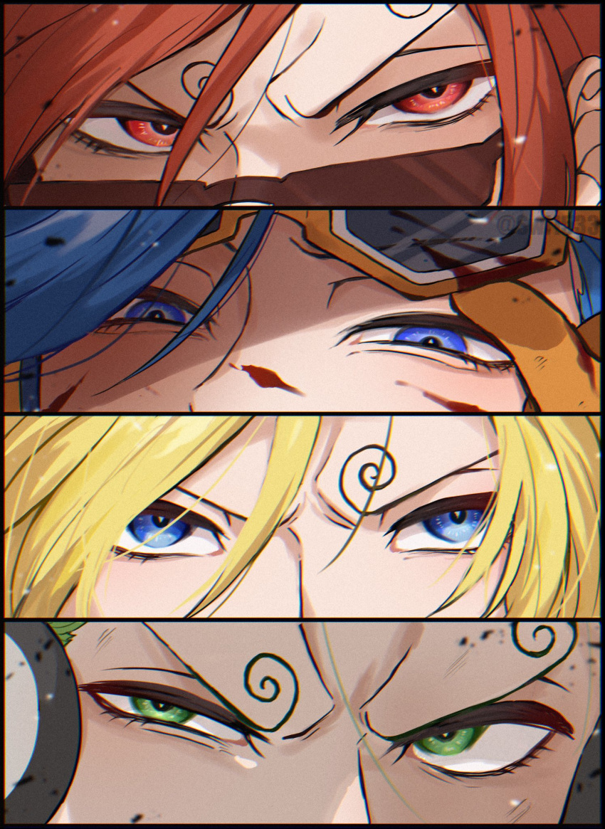 4boys, blonde_hair, blue_eyes, blue_hair, brothers, commentary_request, curly_eyebrows, eye_focus