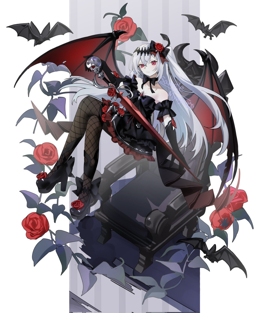 1girl, artist_name, bare_shoulders, bat_(animal), bat_wings, black_bow, black_bowtie, black_dress