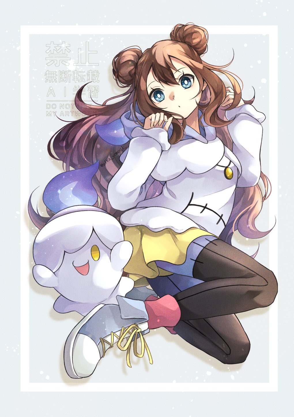 1girl, black_pantyhose, blue_eyes, breasts, brown_hair, cosplay, double_bun, hair_bun