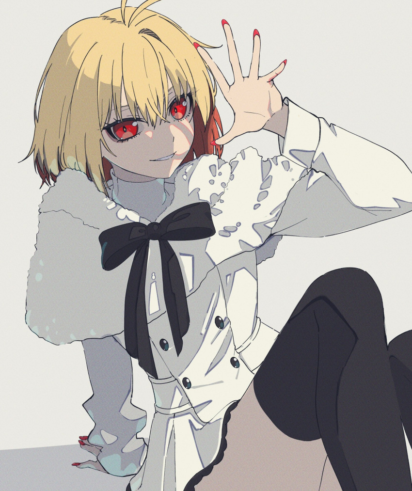 1girl, anianiani0607, arcueid_brunestud, black_thighhighs, blonde_hair, grey_background, highres, jacket