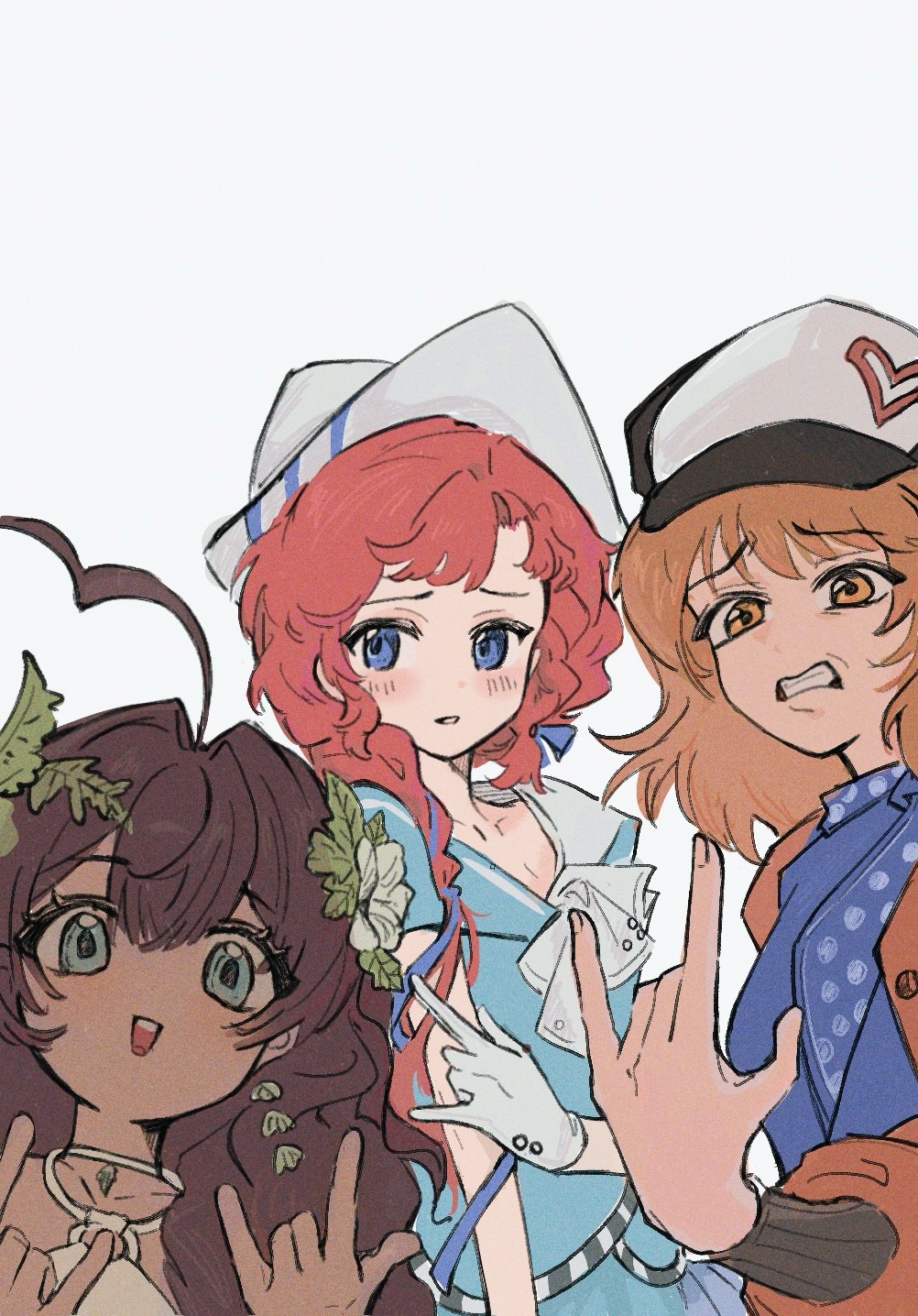 3girls, :d, \m/, ahoge, barcarola_(reverse:1999), black_dress, blue_eyes, blue_neckerchief