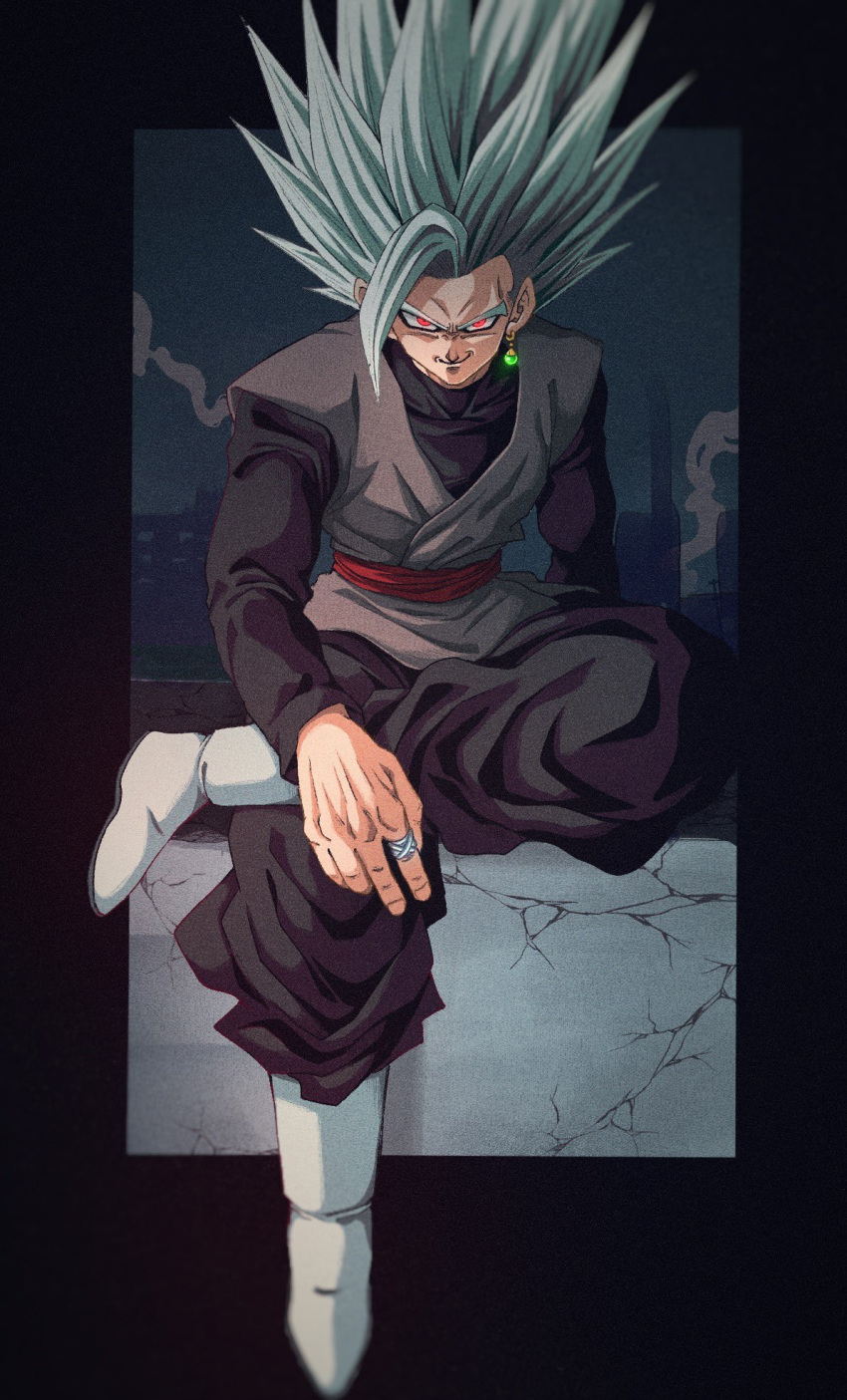 1boy, black_border, black_pants, black_shirt, border, bure_(fantasticyouth7), crossed_legs, dougi, dragon_ball, dragon_ball:_sparking!, dragon_ball_super, earrings, full_body, glowing, gohan_beast, gohan_black, goku_black, grey_hair, grey_tunic, highres, jewelry, long_hair, male_focus, pants, potara_earrings, red_eyes, red_sash, sash, shirt, single_earring, sitting, smug, solo, spiky_hair, tunic