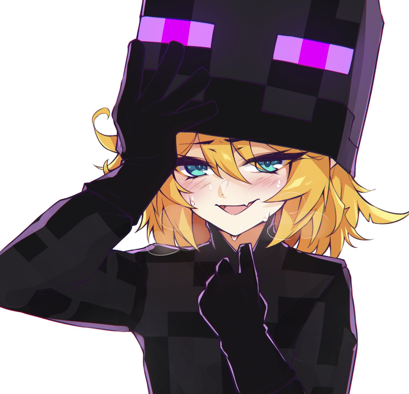 1girl, :d, aqua_eyes, black_gloves, blonde_hair, blush, commentary, cosplay