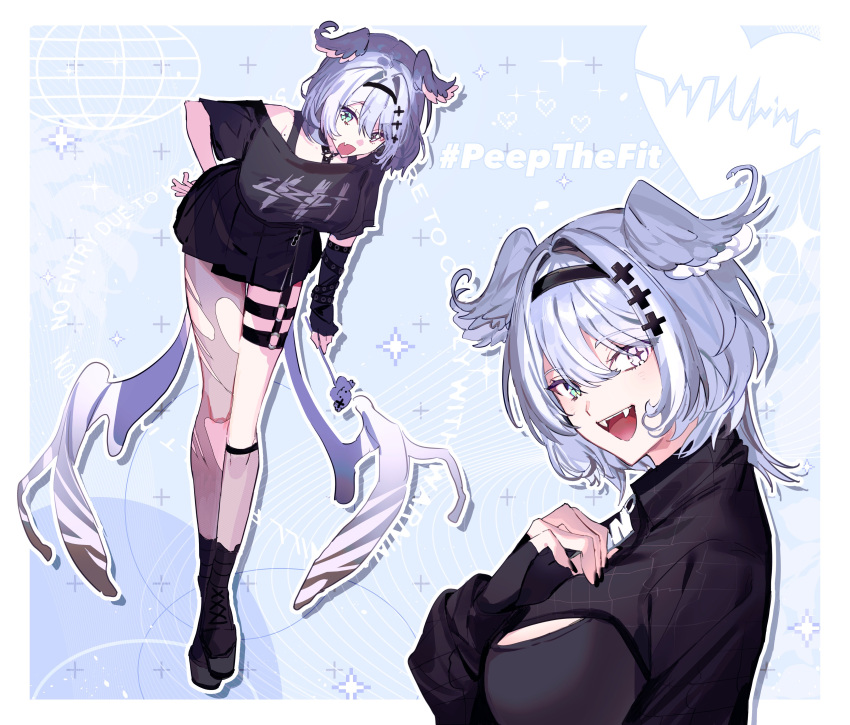 1girl, :d, absurdres, aqua_eyes, black_hairband, blue_hair, breasts, cross-shaped_pupils