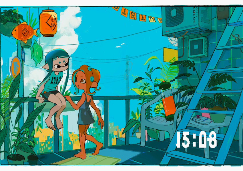 2girls, absurdres, against_railing, agent_3_(splatoon), agent_8_(splatoon), balcony, bare_legs, barefoot