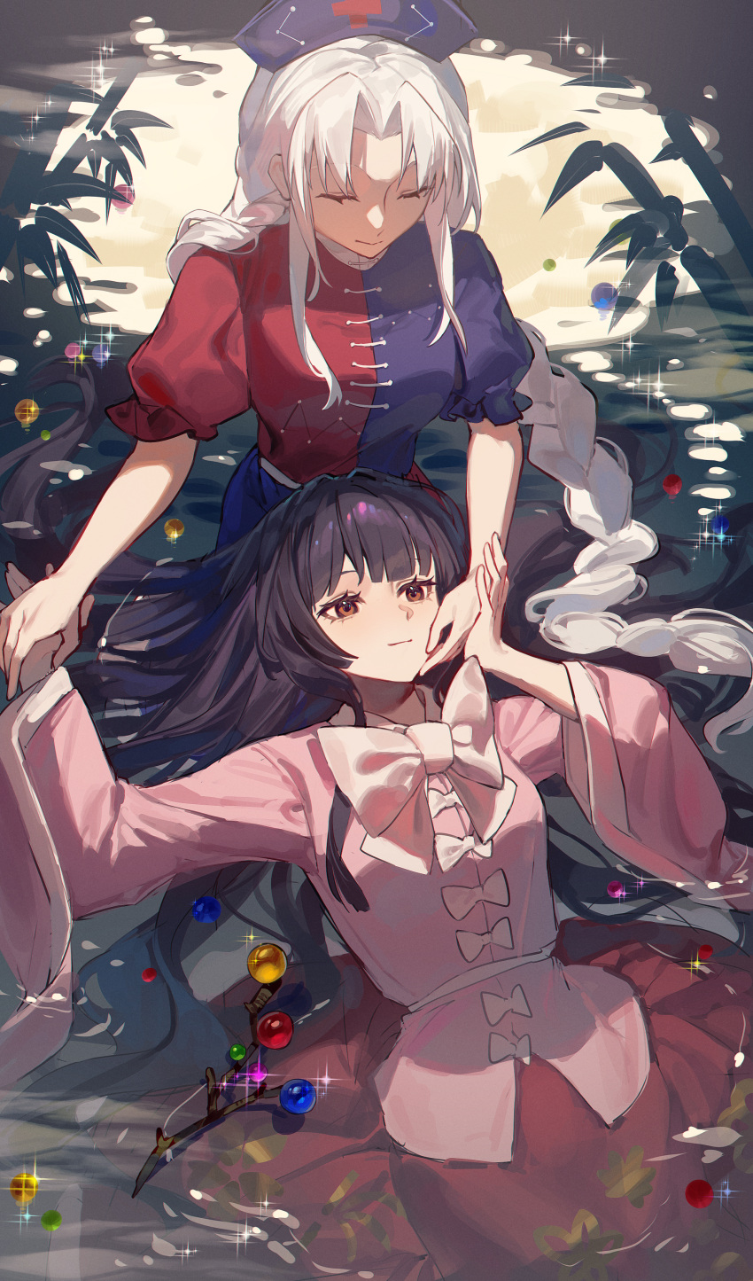 2girls, absurdres, blouse, bow, bowtie, braid, branch, brown_eyes