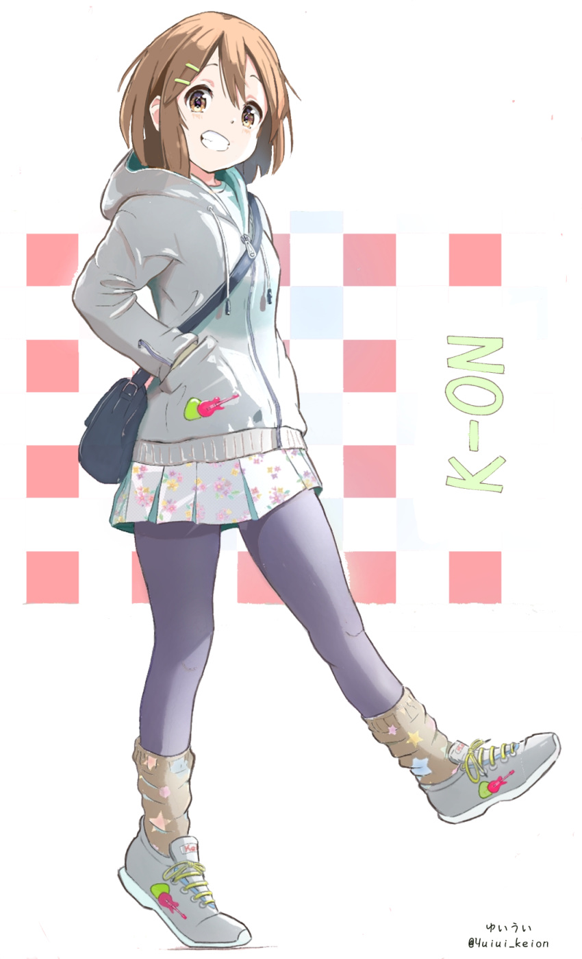 1girl, bag, black_pantyhose, brown_eyes, brown_hair, copyright_name, floral_print_skirt, guitar_print, hair_ornament, hairclip, hands_in_pockets, highres, hirasawa_yui, hood, hood_down, hoodie, k-on!, loose_socks, pantyhose, print_hoodie, print_socks, short_hair, shoulder_bag, smile, socks, solo, standing, standing_on_one_leg, star_(symbol), star_print, yuiui_keion